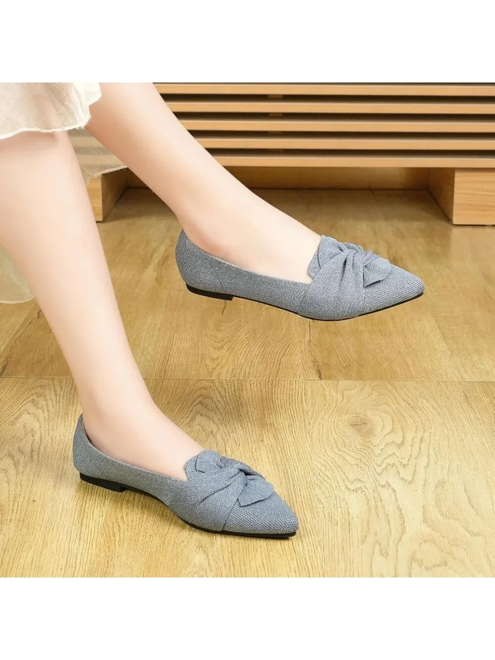 Women's Grey Pointed Toe Ballet Flats with Bow Comfortable Knit Dressy Shoes